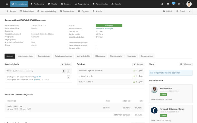Bookingsystem reservationsoplysninger
