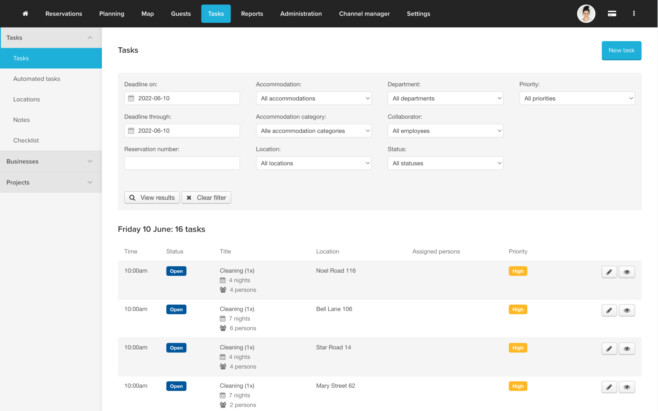 Reservation software planning tasks overview