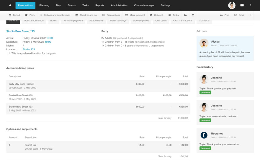 Reservation software email history and crm