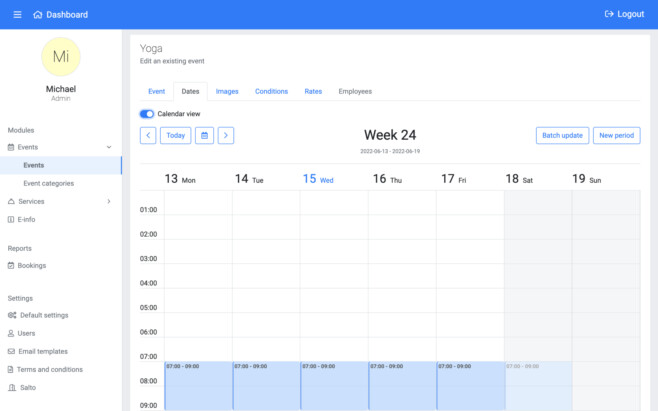 Reservation software events edit manage