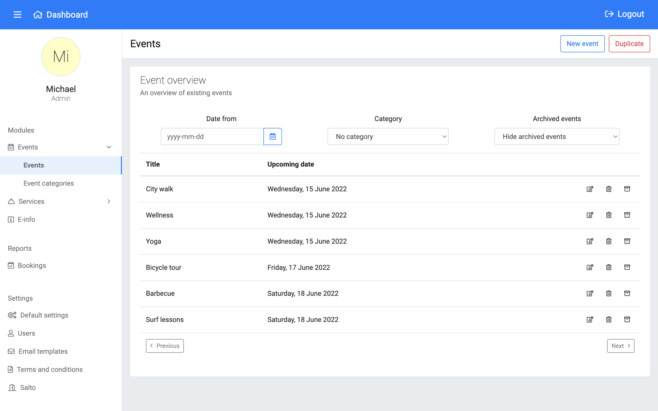 Reservation software events overview