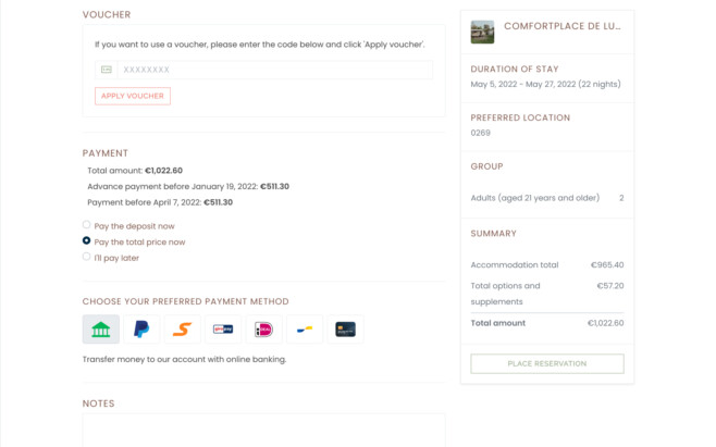 Reservation software payment methods