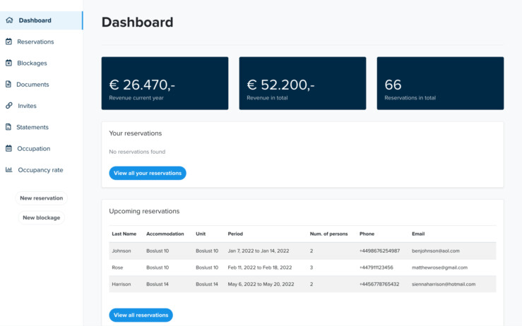 Reservation software holiday owners dashboard