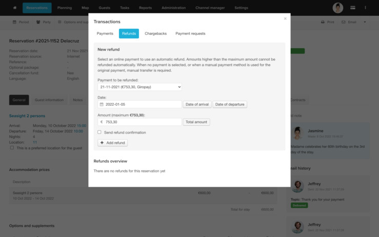 Reservation software online payment refunds
