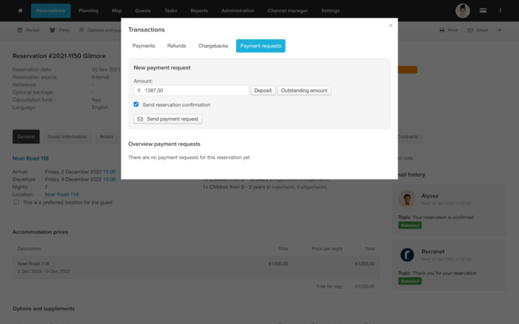 Reservation software online payment request