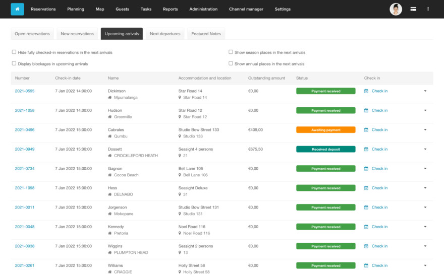 Reservation software planning board management arrivals