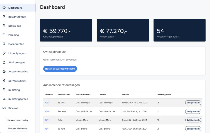 Reserveringssysteem eigenaren verhuur dashboard