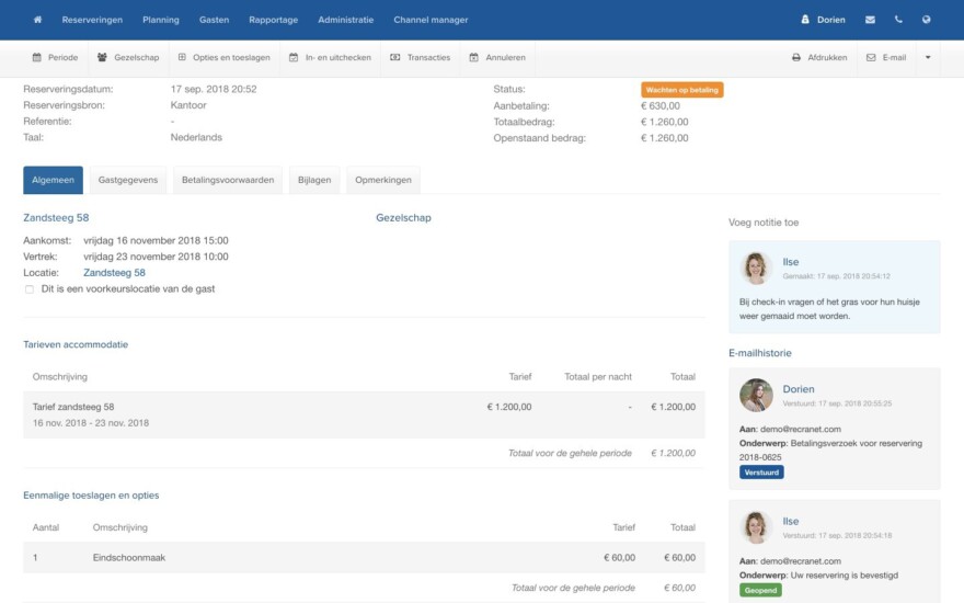 Online reserveringssysteem emailhistorie crm