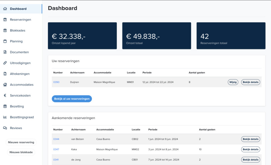 Reserveringssysteem eigenaren dashboard