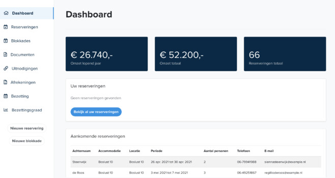 Reserveringssysteem vakantiepark eigenarenafrekening overzicht
