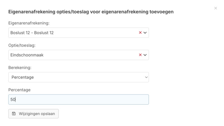 Afrekenpercentage opties of toeslag eigenarenafrekening in reserveringssysteem