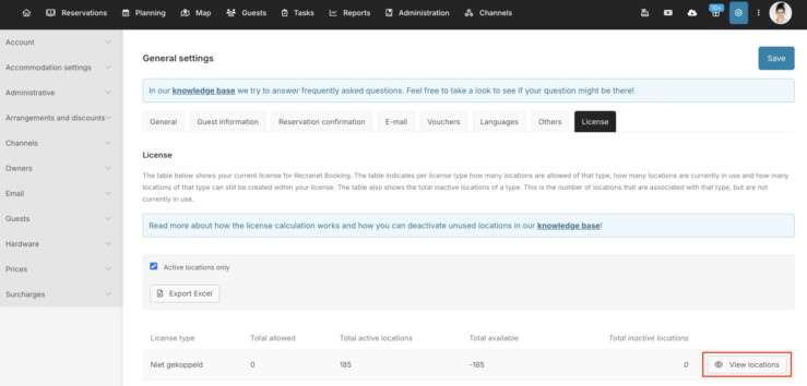 Active locations display licence overview reservation system
