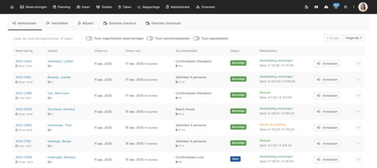 Betalingsstatus reserveringsstatus gescheiden filteren planbord recranet