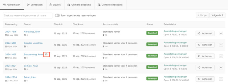 Opmerkingen direct zichtbaar via het wolkje in het reserveringssysteem
