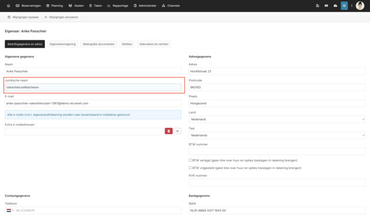 Instellingen eigenaren juridisch bedrijfsnaam