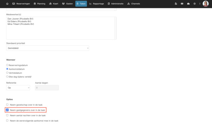 Gastgegevens automatische taken reserveringssysteem
