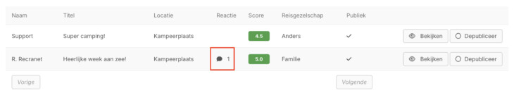 Review overzicht reactie toegevoegd tekstwolkje reserveringssysteem