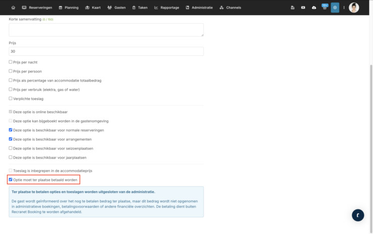 Toeslag instellen reserveringssysteem locatiebetaling