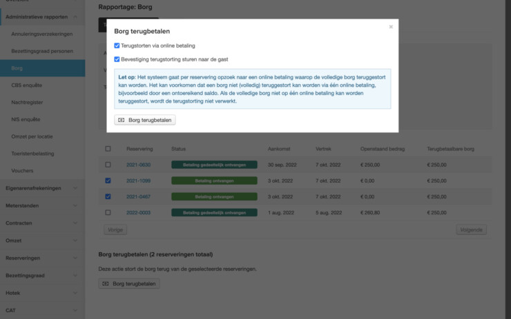 Online reserveringssysteem batch terugstorten borg