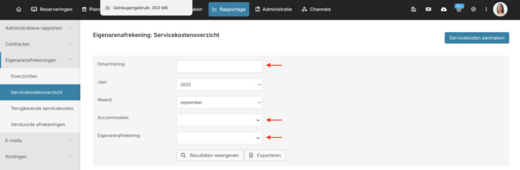 Servicekosten filters accommodatie omschrijving eigenarenafrekening recranet