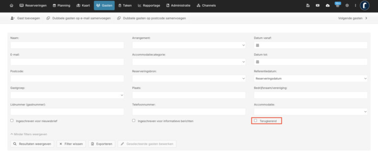 Terugkerende gasten filter export reserveringssysteem recranet