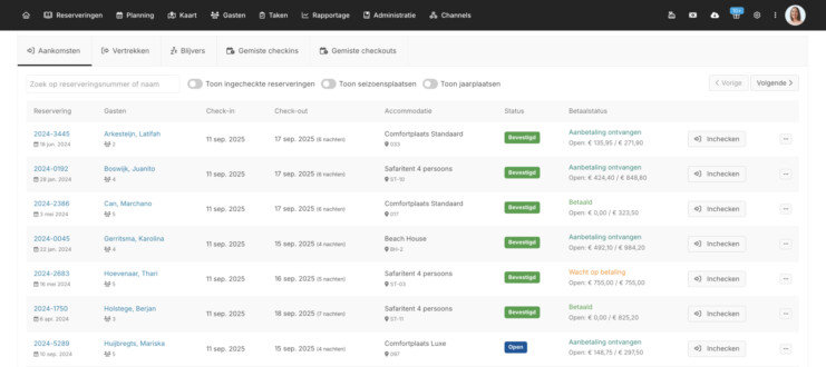 Betalingsstatus reserveringsstatus gescheiden filteren planbord recranet