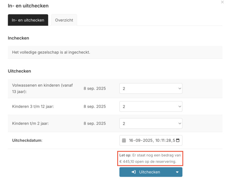 Openstaand bedrag direct zichtbaar bij uitchecken in het reserveringssysteem