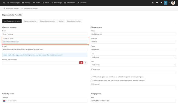 Instellingen eigenaren juridisch bedrijfsnaam
