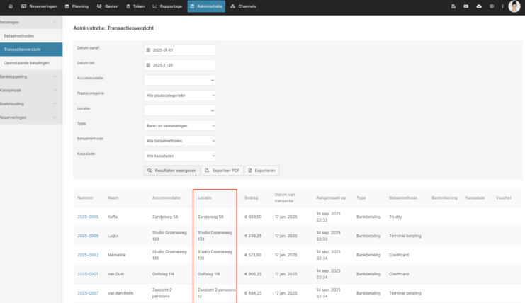 Reserveringssysteem locatienummer in transactieoverzicht