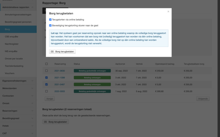 Online reserveringssysteem batch terugstorten borg