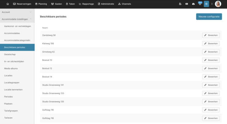 Beschikbare periodes instellen meerdere accommodaties boekingssysteem