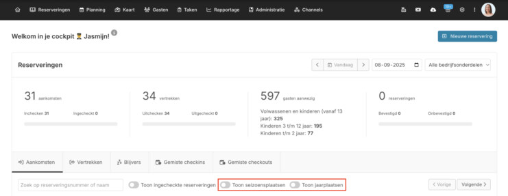 Jaar seizoensplaatsen aankomsten cockpit overzicht gasten