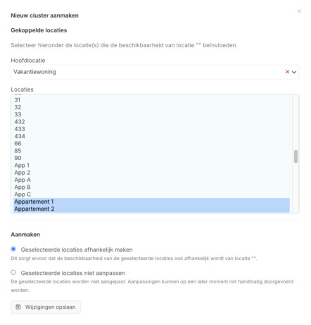 Clusterobject aanmaken instellingen pop up accommodatiebeheer recranet