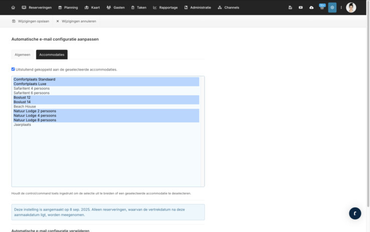 Automatische emails uitsluiten voor accommodaties in reserveringssysteem