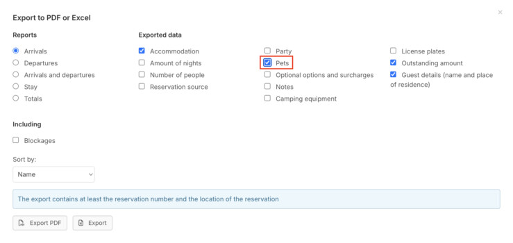 Pets column in the arrival and departure list of the export booking system