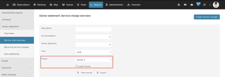Filter service charges by custom period in the booking system