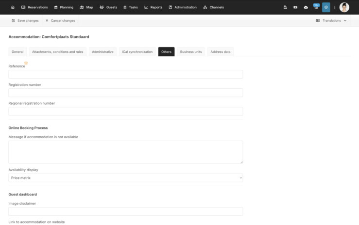 Registration number field for other accommodation settings in the booking system