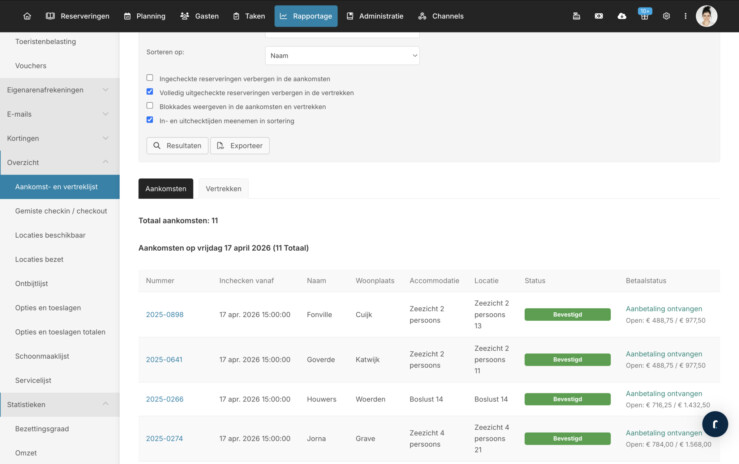 Reserveringsysteem aankomst vertreklijst