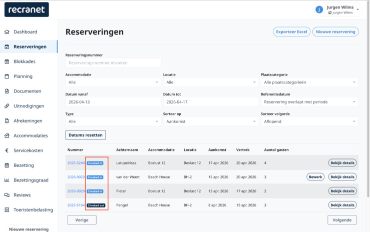 Incheckstatus reserveringen eigenarenomgeving reserveringssysteem