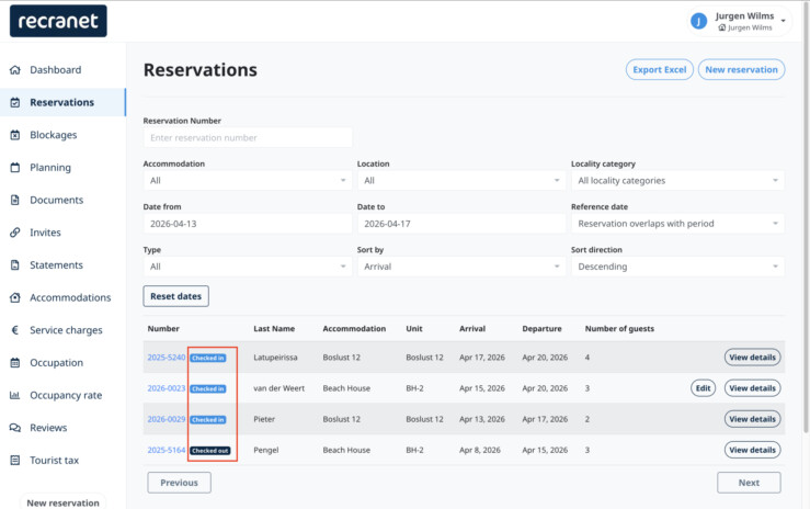 Check in status reservations owner environment reservation system