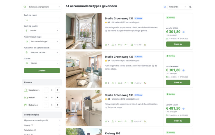 Label nieuw weergave zoek en boek accommodatieoverzicht reserveringssysteem