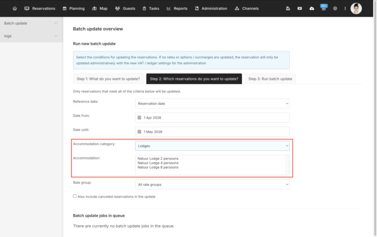 Batch update accommodations filter category multiselect reservation system