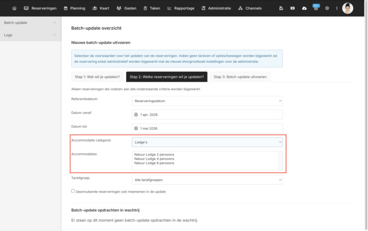 Batch update accommodaties filter categorie multiselect reserveringssysteem