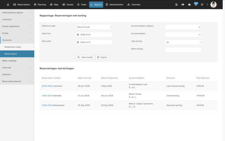 Reservations with discount report overview reservation system
