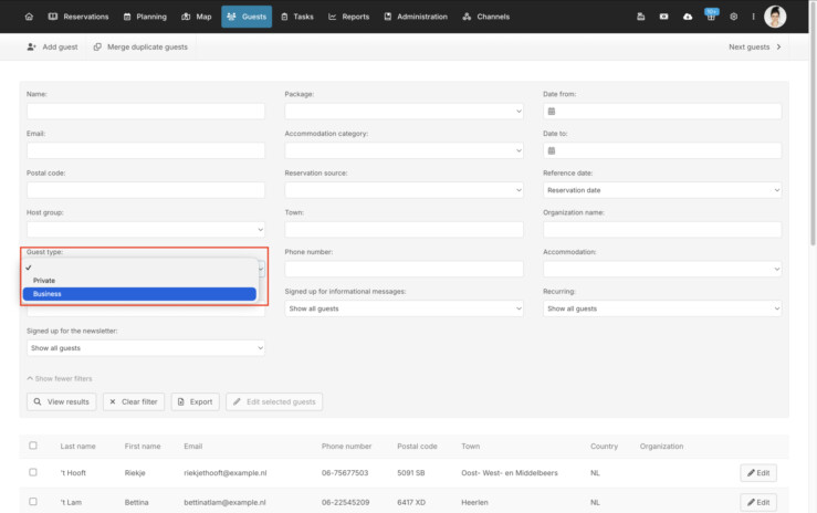 Business guests filter booking system