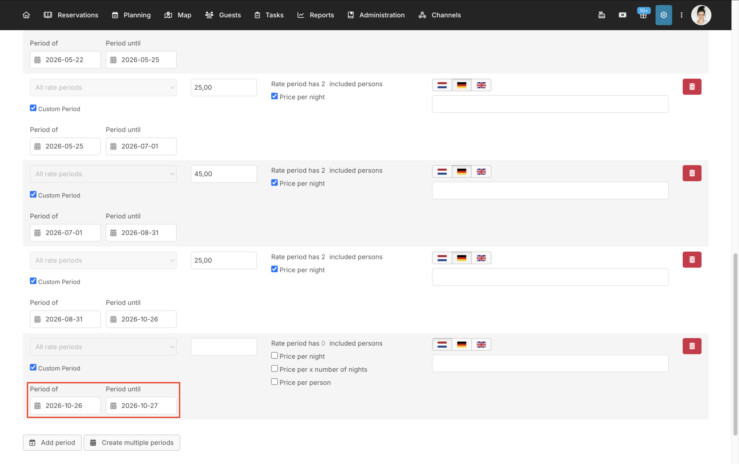 Smart date selection rate periods reservation system