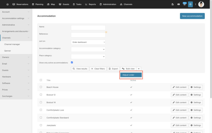 Alphabetical sorting accommodations reservation system