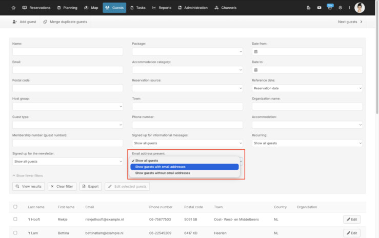 Filter guests with email address reservation system