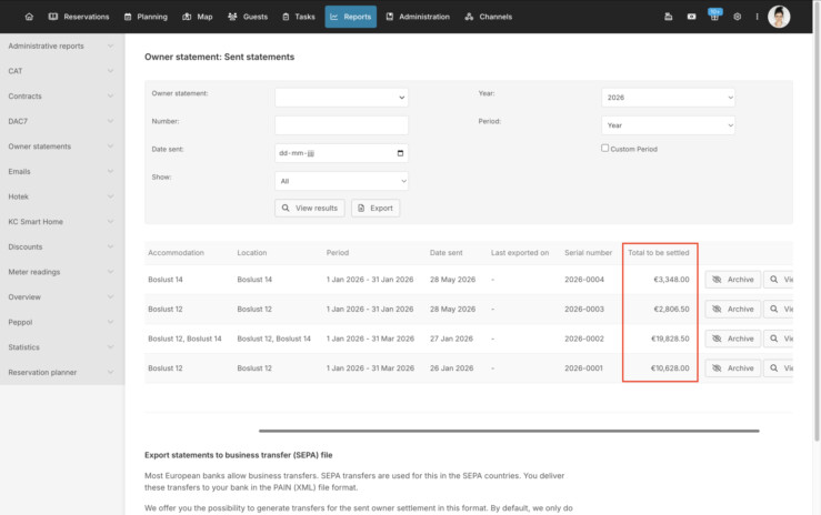 Total amount sent owner statements reservation system
