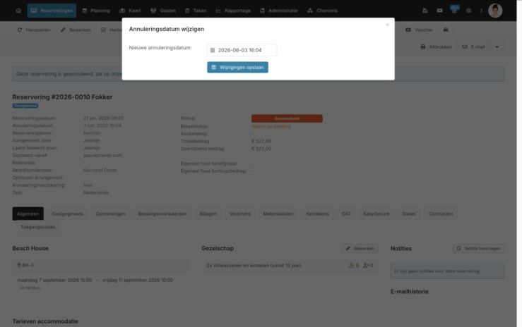 Annuleringsdatum handmatig aanpassen reserveringssysteem